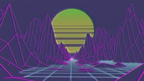 Retro Futuristic Metaverse with Sun and Geometric Mountains