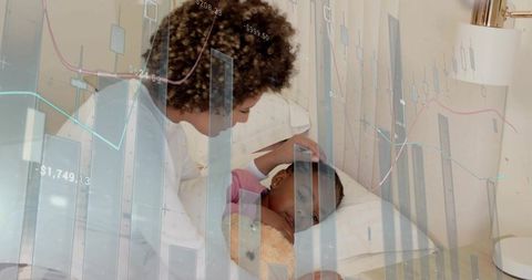 Parent comforting child with teddy while financial charts overlay bedside family scene