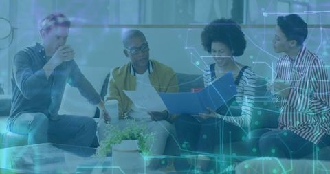 Diverse Team Brainstorming with Coffee amidst Technological Graphics