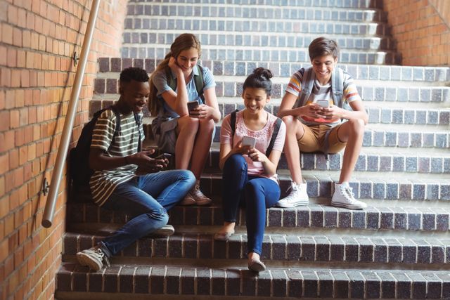 Group of diverse students sitting on school staircase, using smartphones. Ideal for educational content, technology in education, social media usage among youth, and friendship themes.