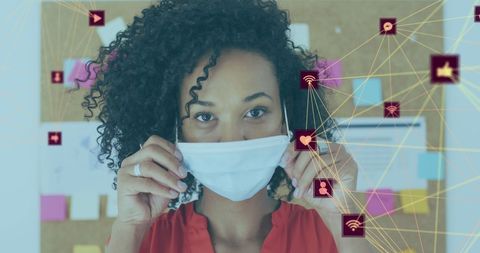 Woman in Office with Face Mask and Abstract Social Media Network - Download Free Stock Images Pikwizard.com