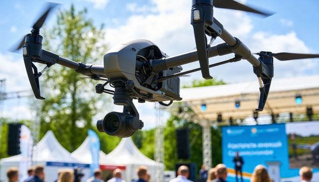 Hovering professional quadcopter drone filming outdoor expo with gimbal camera over crowd