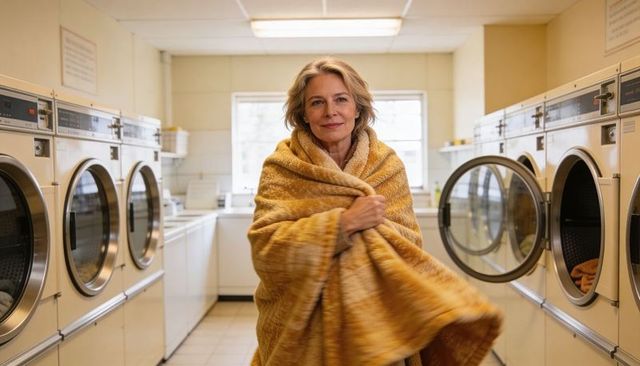 Middle-aged woman wrapping herself in mustard blanket inside laundromat with open dryers