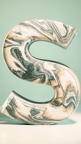 Marble S sculpted letter reflecting moving highlights on mint backdrop for vertical luxury branding