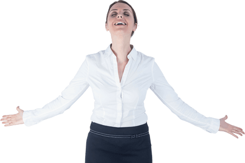 Transparent Businesswoman Celebrating Success with Arms Outstretched