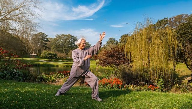 Senior woman practicing tai chi in tranquil park garden by pond and willow tree