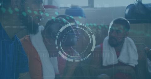 Diverse Football Players Analyzing Performance Data Overlay