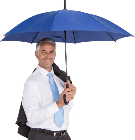 Businessman holding blue umbrella smiling transparent background