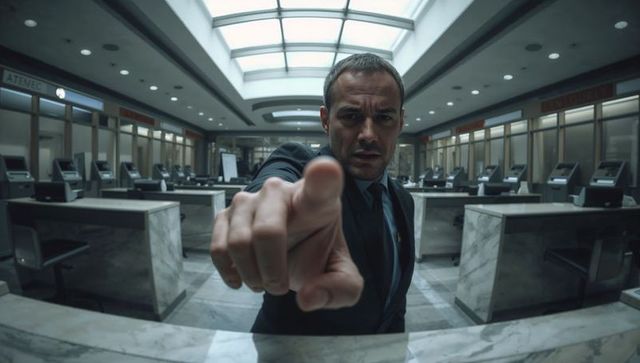 Intense security guard pointing at viewer in empty bank lobby with skylight