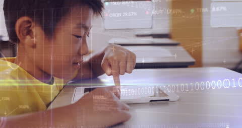 Young Boy Engaged with Tablet Amid Digital Interface Elements