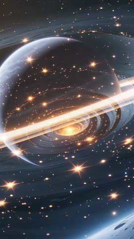 Vertical video drifting over ringed planet revealing glowing accretion disk and starlit dust