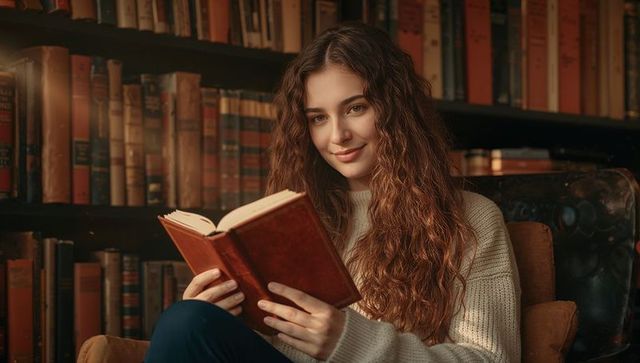 Young woman reading in cozy home library surrounded by vintage books and soft warm light