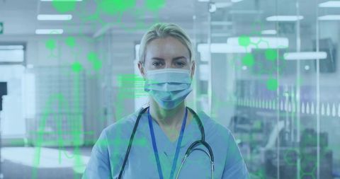 Nurse Standing in Ward Wearing Mask and Stethoscope Behind Glass with Green Health Graphics