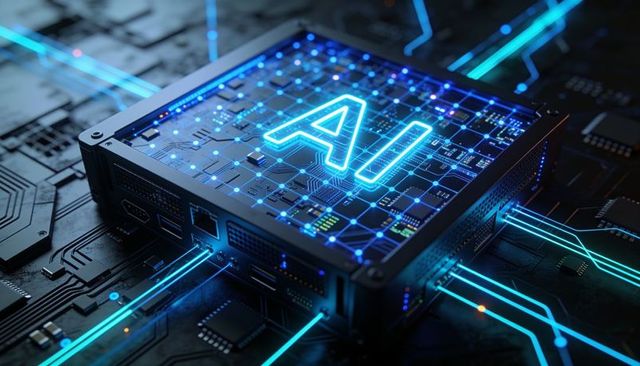 Neon ai compute module on circuit board with glowing cyan data traces and ports
