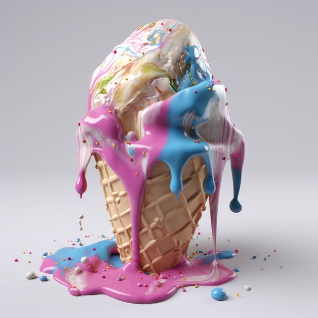 Colourful ice cream in cone on grey background, created using generative ai technology. Dessert, flavour, colours and food concept digitally generated image.
