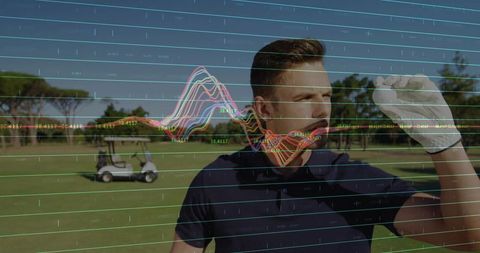 Golfer Analyzing Data with Sports Analytics Overlay on Fairway