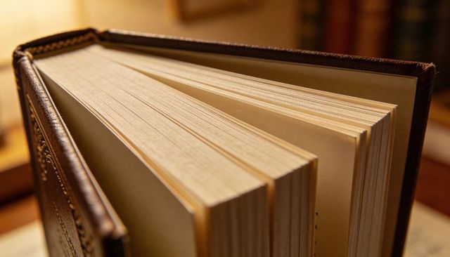Gilded Leather Tome Showing Open Pages and Handcrafted Binding Under Warm Lamp Light
