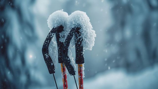Ski Poles Holding Snow in Icy Forest Adventure