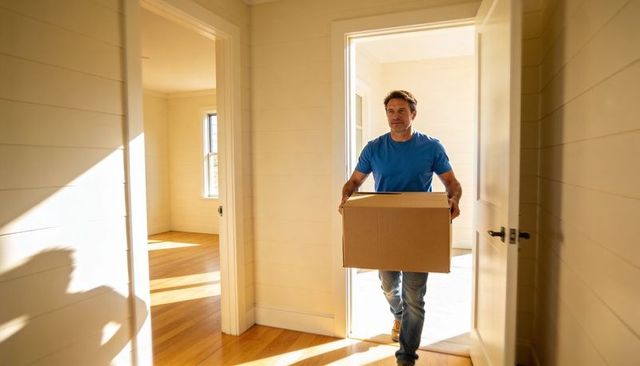 Man carrying moving box through sunlit entryway during home relocation