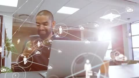 Man using smartphone while animated network nodes connect remote team in coworking office