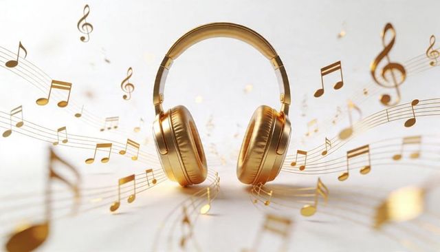 Gold over-ear headphones radiating musical notes and bokeh for luxury audio branding promo