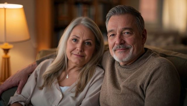 Mature couple sitting on sofa smiling, relaxing and embracing warm cozy home evening glow