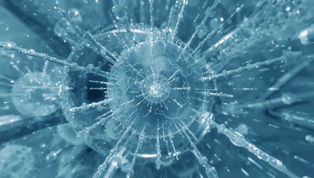 Glowing crystalline nanoparticle radiating droplet-studded spikes in blue microcosm