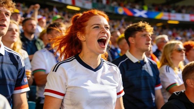 Red-haired fan cheering in stadium wearing white team jersey with colorful flags