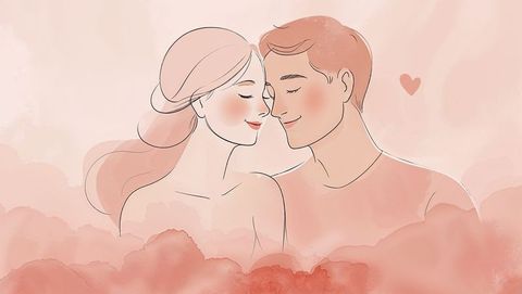 Romantic cute couple embracing in pastel watercolor setting