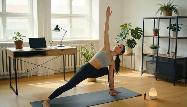 Woman practicing yoga flow in bright home office with laptop, diffuser and plants