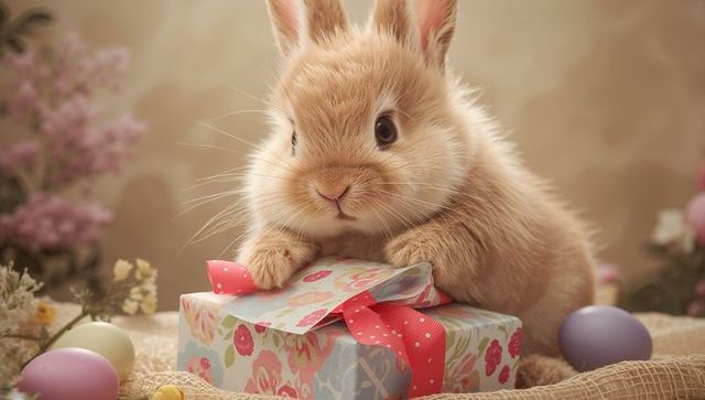 Fluffy brown bunny exploring floral gift box with pink ribbon and pastel easter eggs