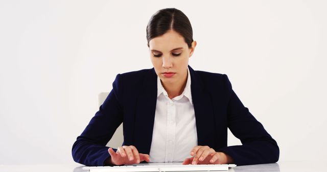 Businesswoman typing on keyboard in office setting. Ideal for business, technology, productivity, and corporate-themed concepts. Potential use in brochures, websites, promotional materials, blogs, and office-related articles.