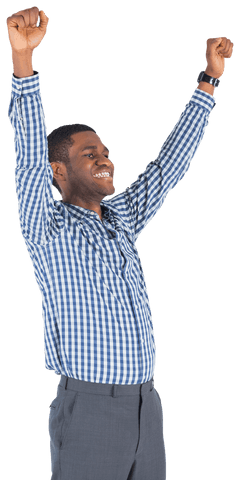 Joyful african american man raising hands on transparent background