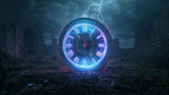 Futuristic Neon Clock In Ruins