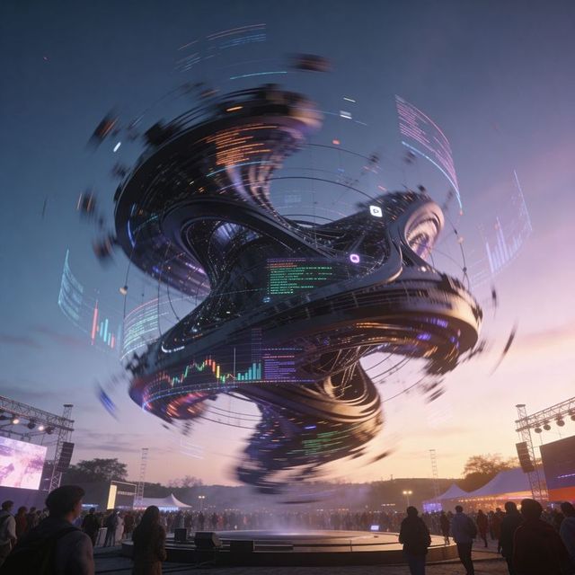 Spinning holographic torus sculpture hovering above outdoor festival stage at dusk