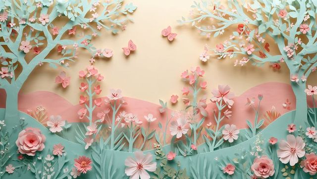 Pastel papercraft garden blooming with layered flowers and butterflies, diorama backdrop