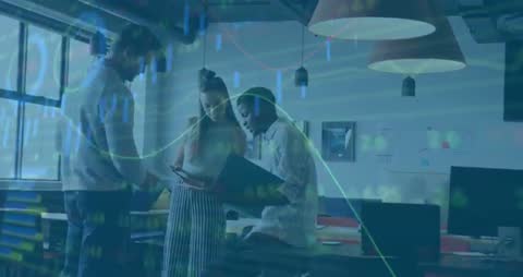 Diverse Team Discussing Data in Modern Office with Digital Graphic Overlay