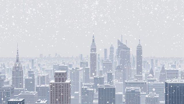 Aerial snowfall blanketing historic urban skyline with rooftops, spires, water towers