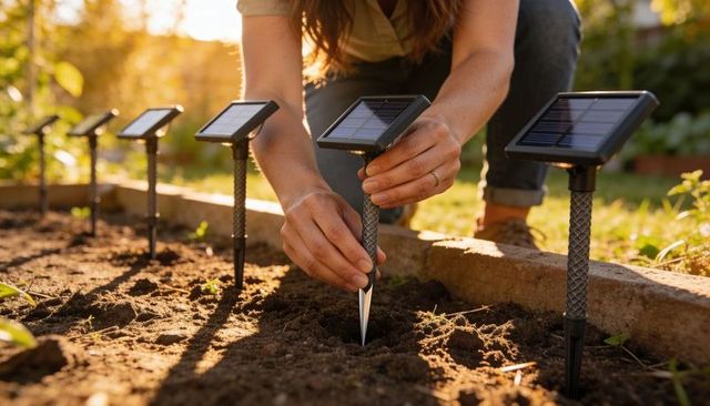 Woman installing solar garden lights in backyard planting bed at golden hour