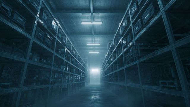 Foggy industrial warehouse aisle leading to bright exit between metal storage racks