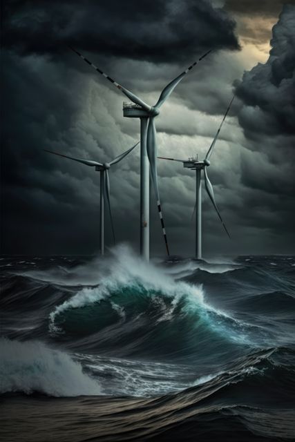 Offshore wind turbines standing tall against dark stormy skies and rough ocean waves. Perfect for articles on renewable energy, sustainable power generation, and the challenges of installing wind turbines in marine environments. Captures dramatic essence of environmental forces harnessing clean energy.