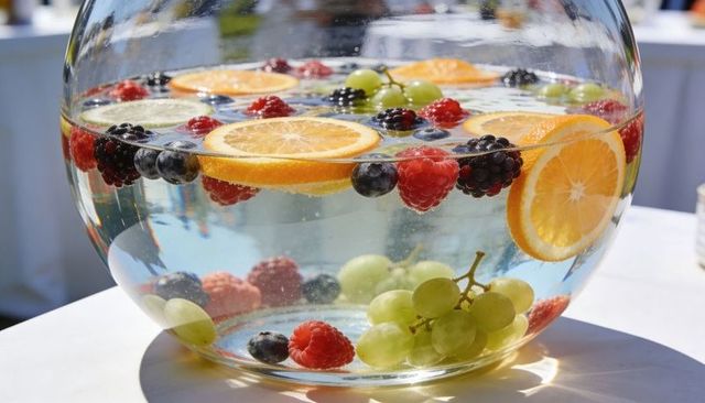 Sunlit glass bowl of floating citrus and berries for summer drinks and party decor