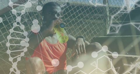 Man Hydrating After Workout with Overlay of DNA Structures