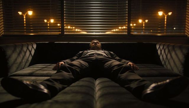 Exhausted businessman lying on sofa under blinds at night with moody urban streetlights