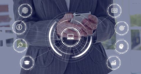 Executive holding smartphone and using futuristic HUD with data visualization overlay
