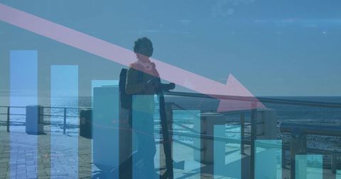 Business Analytics Overlay on Coastal View with Woman on Scooter