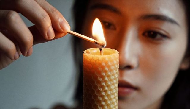 Lighting beeswax candle by adult asian woman holding match closeup warm honeycomb glow