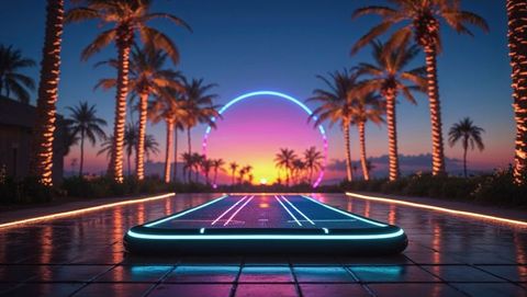 Futuristic Neon Walkway with Glowing Palms and Sunset