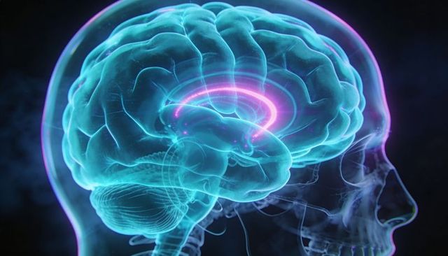 Translucent Skull Right Profile Revealing Neon Brain Anatomy with Glowing Neural Ring