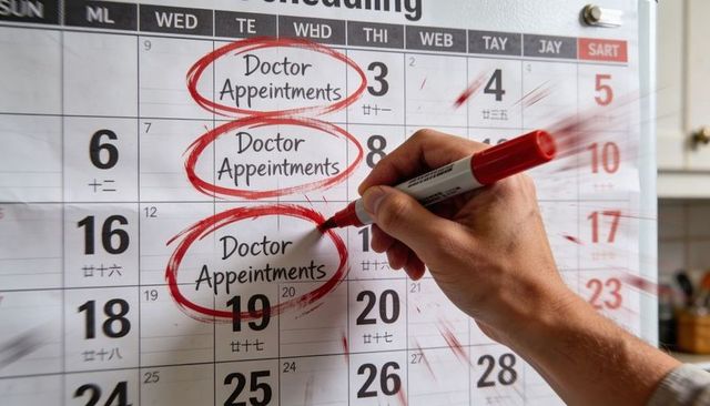 Circling doctor appointments on monthly wall calendar with red marker for urgent reminder